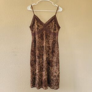 Vintage 90s Y2k Babydoll Brown Dress Size 12 Petite Lace Trim Mesh Fairy Grunge